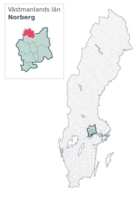 Översiktskarta över Norberg kommun i Västmanlands län, med kommunens läge i Sverige.