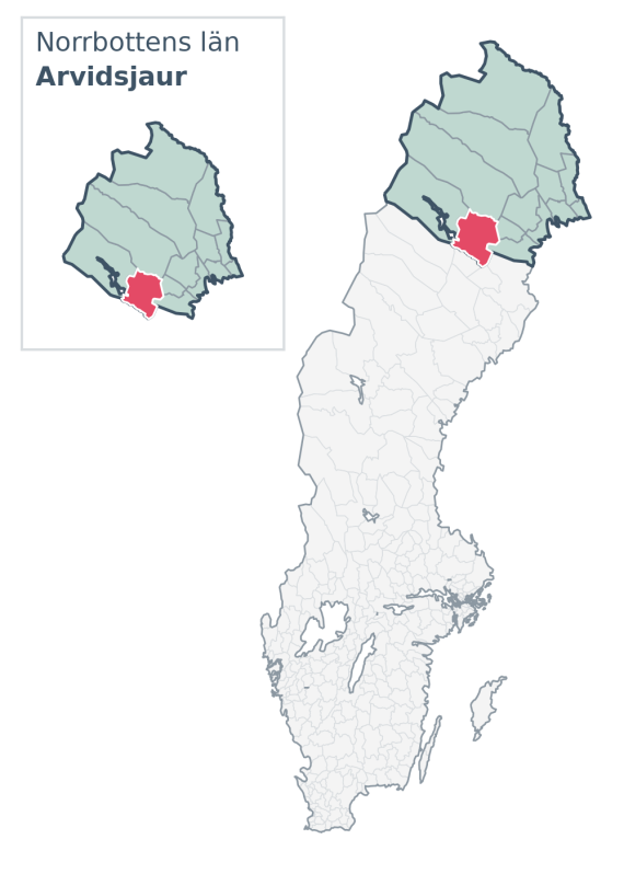 Översiktskarta över Arvidsjaur kommun i Norrbottens län, med kommunens läge i Sverige.