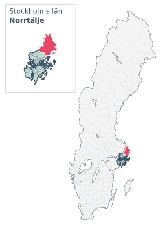 Översiktskarta över Norrtälje kommun i Stockholms län, med kommunens läge i Sverige.