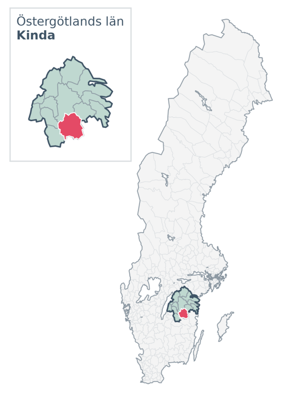 Översiktskarta över Kinda kommun i Östergötlands län, med kommunens läge i Sverige.