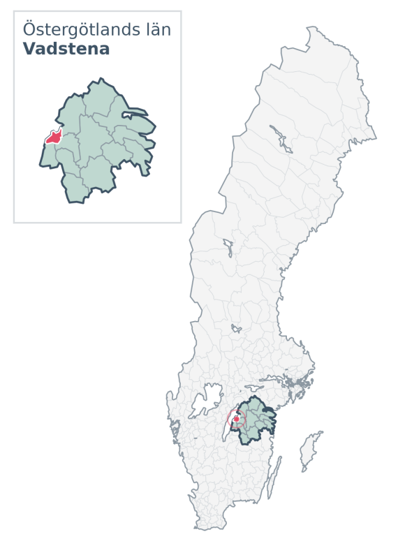 Översiktskarta över Vadstena kommun i Östergötlands län, med kommunens läge i Sverige.