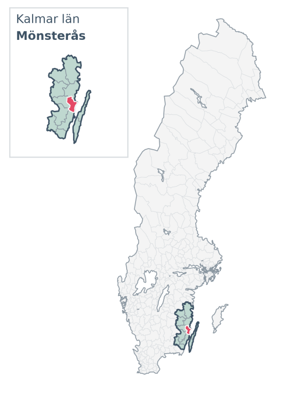 Översiktskarta över Mönsterås kommun i Kalmar län, med kommunens läge i Sverige.