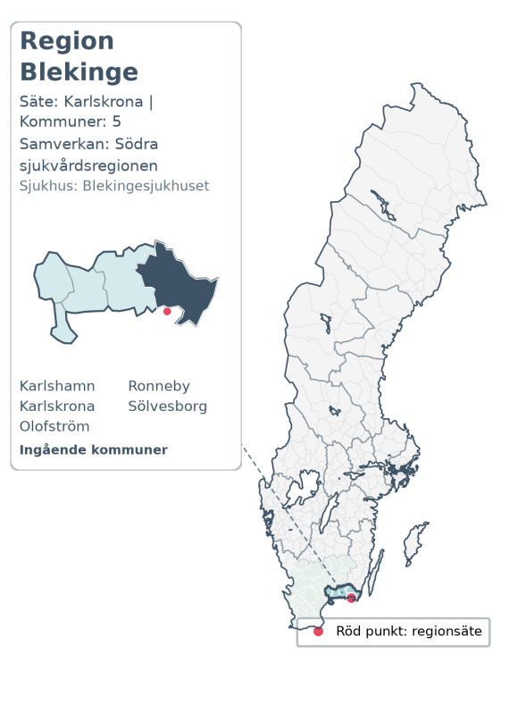 Översiktskarta över Region Blekinge. Regionen är markerad i Sverige.