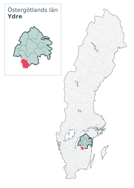 Översiktskarta över Ydre kommun i Östergötlands län, med kommunens läge i Sverige.