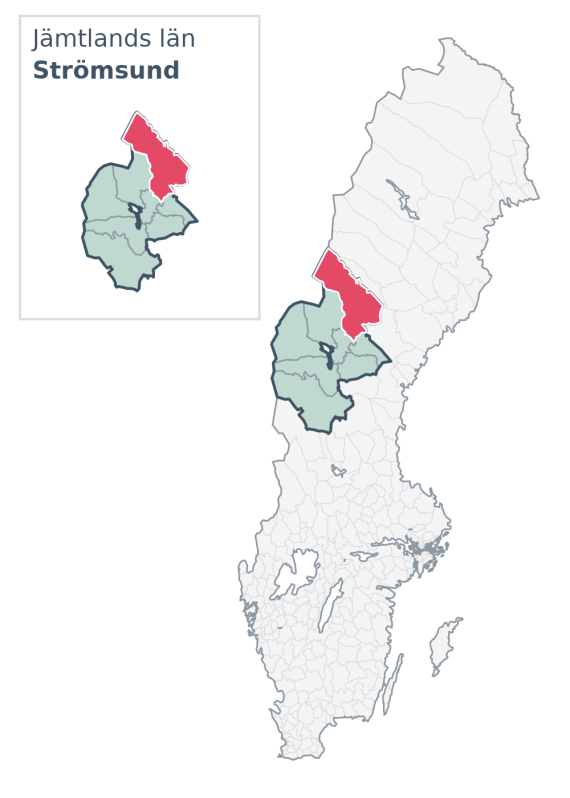 Översiktskarta över Strömsund kommun i Jämtlands län, med kommunens läge i Sverige.