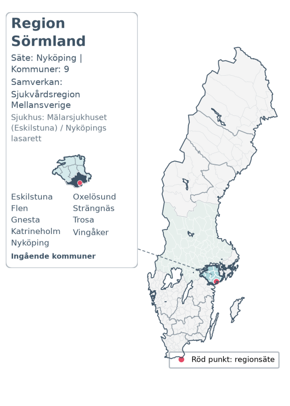 Översiktskarta över Region Sörmland. Regionen är markerad i Sverige.