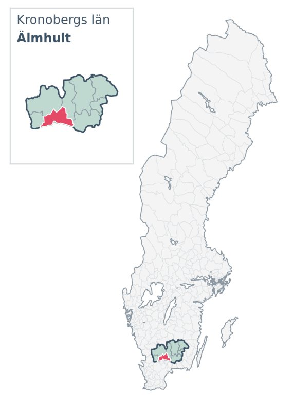 Översiktskarta över Älmhult kommun i Kronobergs län, med kommunens läge i Sverige.