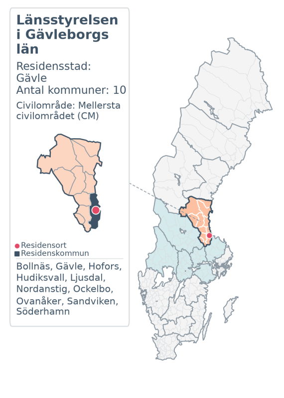 Översiktskarta över Länsstyrelsen i Gävleborgs län. Länet är markerat i Sverige och inom sitt civilområde.