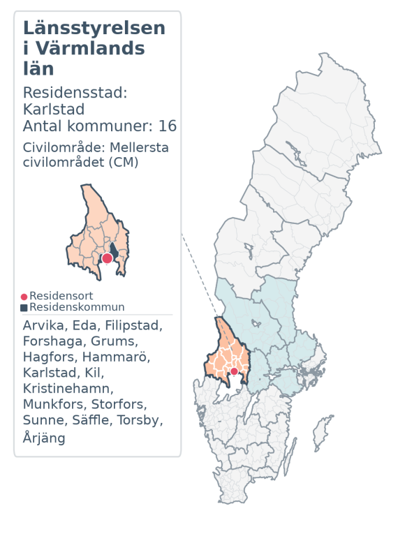 Översiktskarta över Länsstyrelsen i Värmlands län. Länet är markerat i Sverige och inom sitt civilområde.