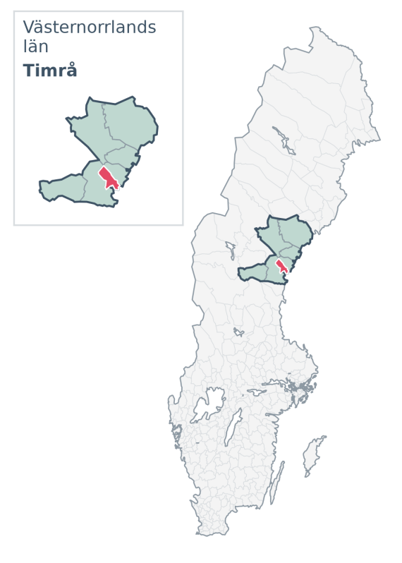 Översiktskarta över Timrå kommun i Västernorrlands län, med kommunens läge i Sverige.