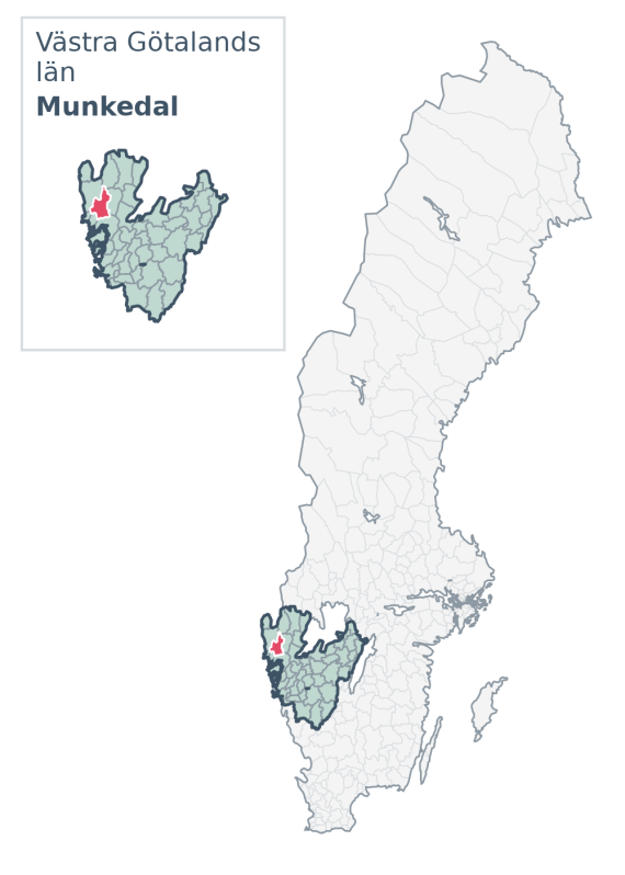Översiktskarta över Munkedal kommun i Västra Götalands län, med kommunens läge i Sverige.