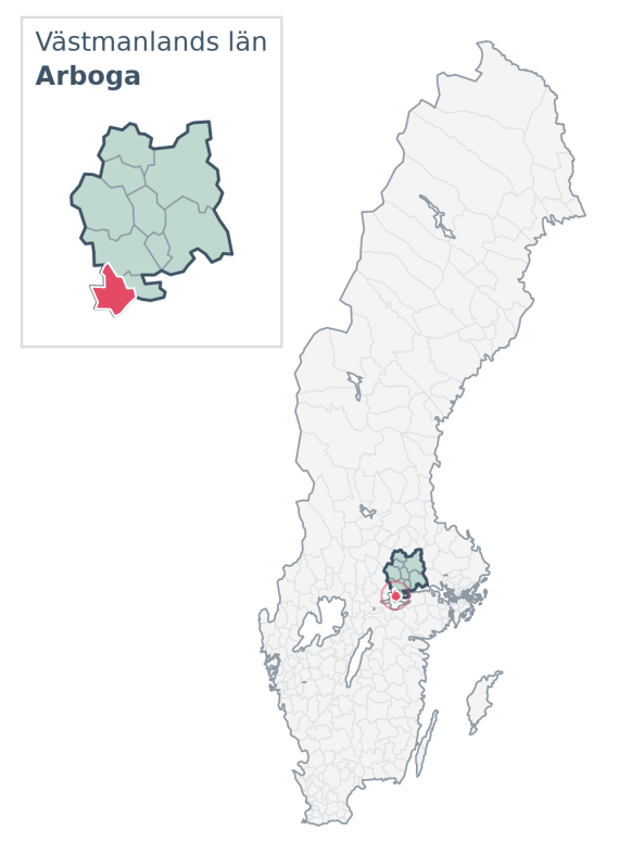 Översiktskarta över Arboga kommun i Västmanlands län, med kommunens läge i Sverige.