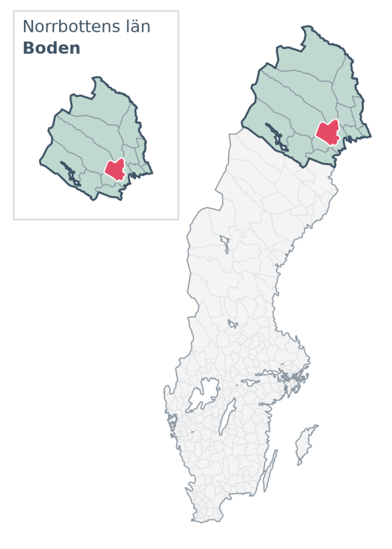 Översiktskarta över Boden kommun i Norrbottens län, med kommunens läge i Sverige.