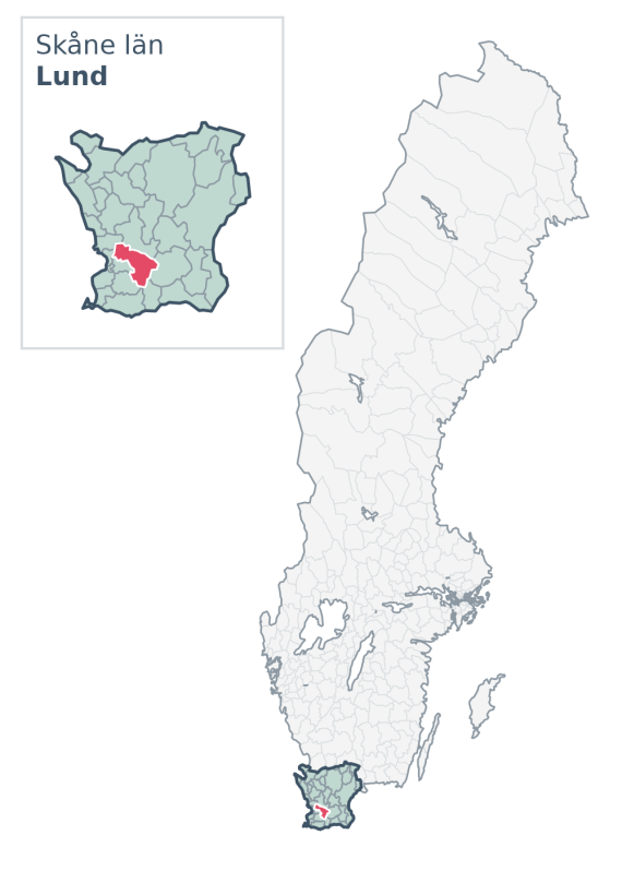 Översiktskarta över Lund kommun i Skåne län, med kommunens läge i Sverige.