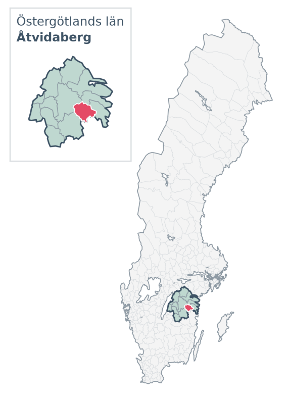 Översiktskarta över Åtvidaberg kommun i Östergötlands län, med kommunens läge i Sverige.