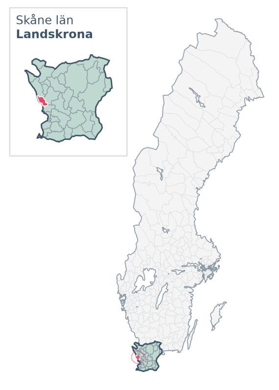 Översiktskarta över Landskrona kommun i Skåne län, med kommunens läge i Sverige.