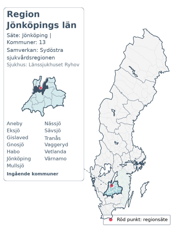 Översiktskarta över Region Jönköpings län. Regionen är markerad i Sverige.
