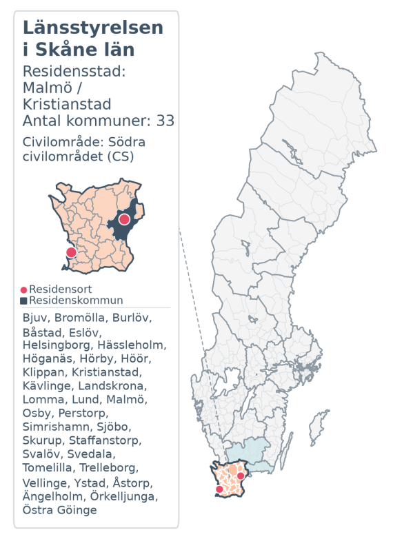 Översiktskarta över Länsstyrelsen i Skåne län. Länet är markerat i Sverige och inom sitt civilområde.
