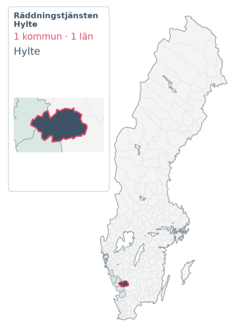 Täckningskarta för Räddningstjänsten Hylte. 1 medlemskommuner enligt Klick Datas organisationslista.