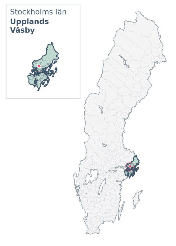 Översiktskarta över Upplands Väsby kommun i Stockholms län, med kommunens läge i Sverige.