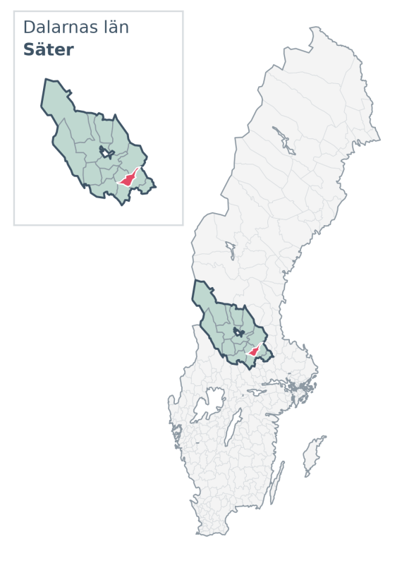 Översiktskarta över Säter kommun i Dalarnas län, med kommunens läge i Sverige.