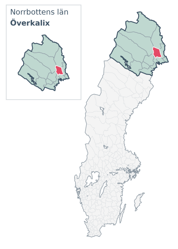 Översiktskarta över Överkalix kommun i Norrbottens län, med kommunens läge i Sverige.