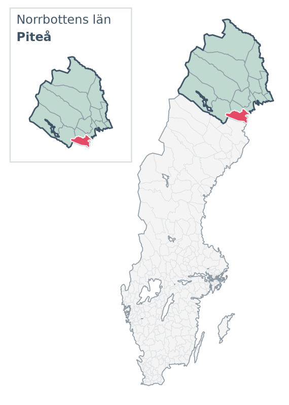 Översiktskarta över Piteå kommun i Norrbottens län, med kommunens läge i Sverige.