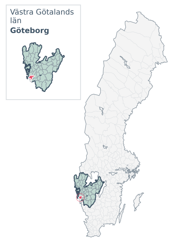 Översiktskarta över Göteborg kommun i Västra Götalands län, med kommunens läge i Sverige.
