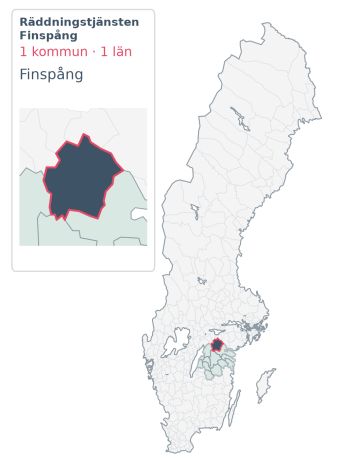 Täckningskarta för Räddningstjänsten Finspång. 1 medlemskommuner enligt Klick Datas organisationslista.