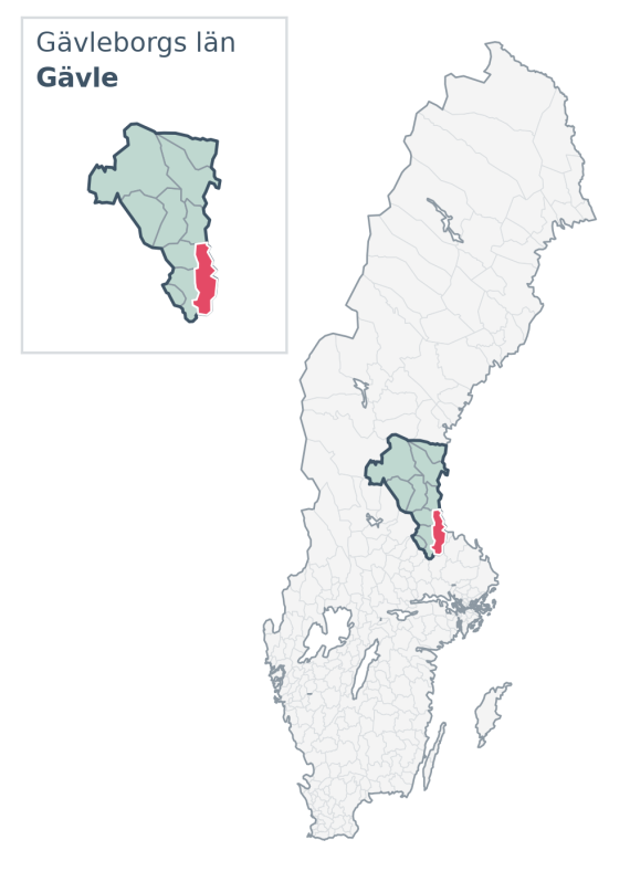 Översiktskarta över Gävle kommun i Gävleborgs län, med kommunens läge i Sverige.