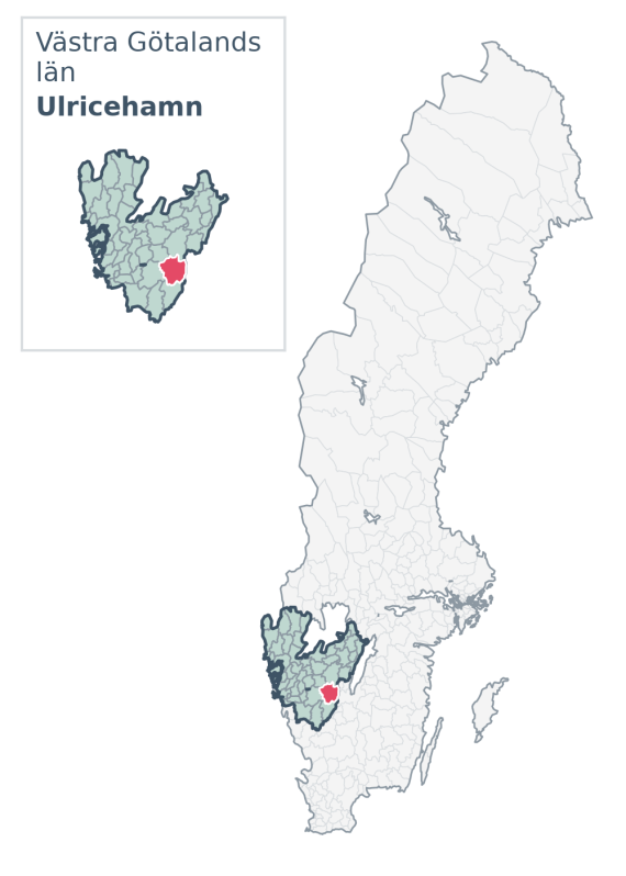 Översiktskarta över Ulricehamn kommun i Västra Götalands län, med kommunens läge i Sverige.