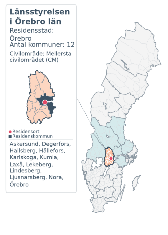 Översiktskarta över Länsstyrelsen i Örebro län. Länet är markerat i Sverige och inom sitt civilområde.