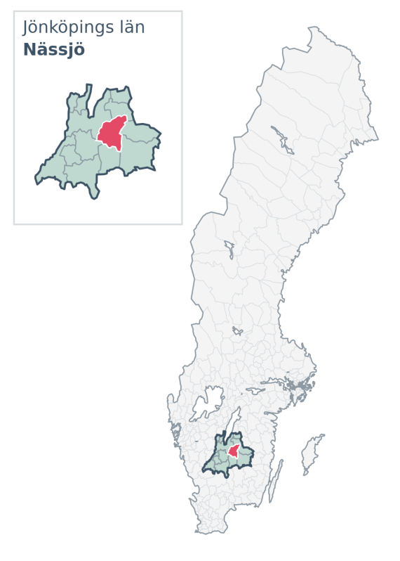 Översiktskarta över Nässjö kommun i Jönköpings län, med kommunens läge i Sverige.