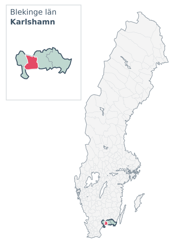 Översiktskarta över Karlshamn kommun i Blekinge län, med kommunens läge i Sverige.