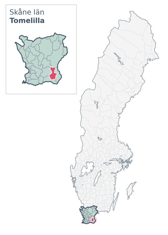Översiktskarta över Tomelilla kommun i Skåne län, med kommunens läge i Sverige.