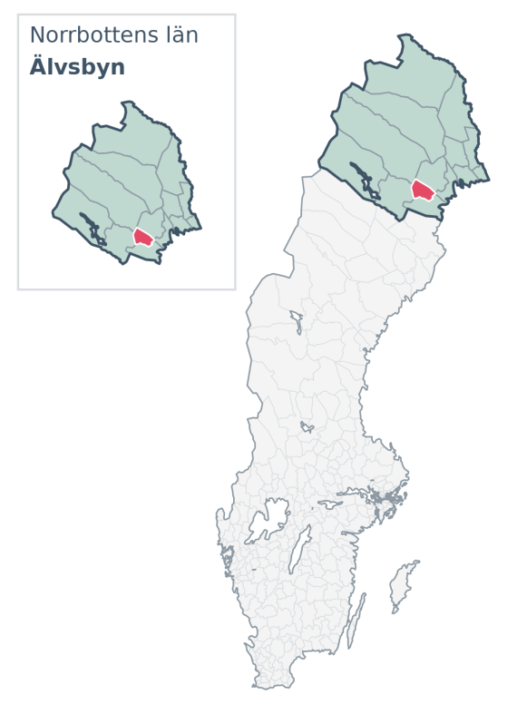 Översiktskarta över Älvsbyn kommun i Norrbottens län, med kommunens läge i Sverige.