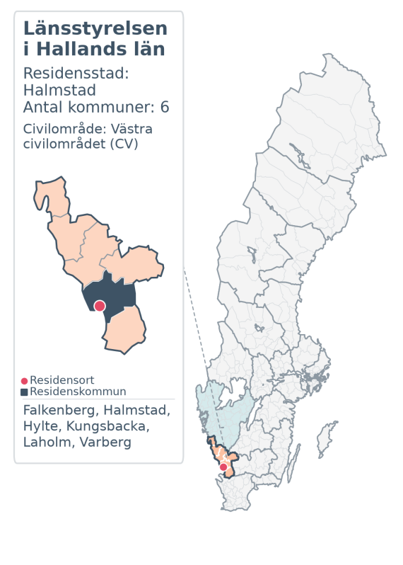 Översiktskarta över Länsstyrelsen i Hallands län. Länet är markerat i Sverige och inom sitt civilområde.