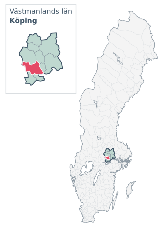 Översiktskarta över Köping kommun i Västmanlands län, med kommunens läge i Sverige.