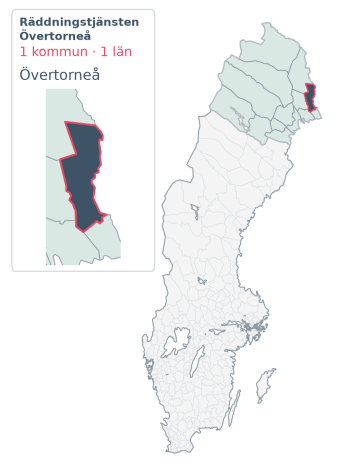 Täckningskarta för Räddningstjänsten Övertorneå. 1 medlemskommuner enligt Klick Datas organisationslista.