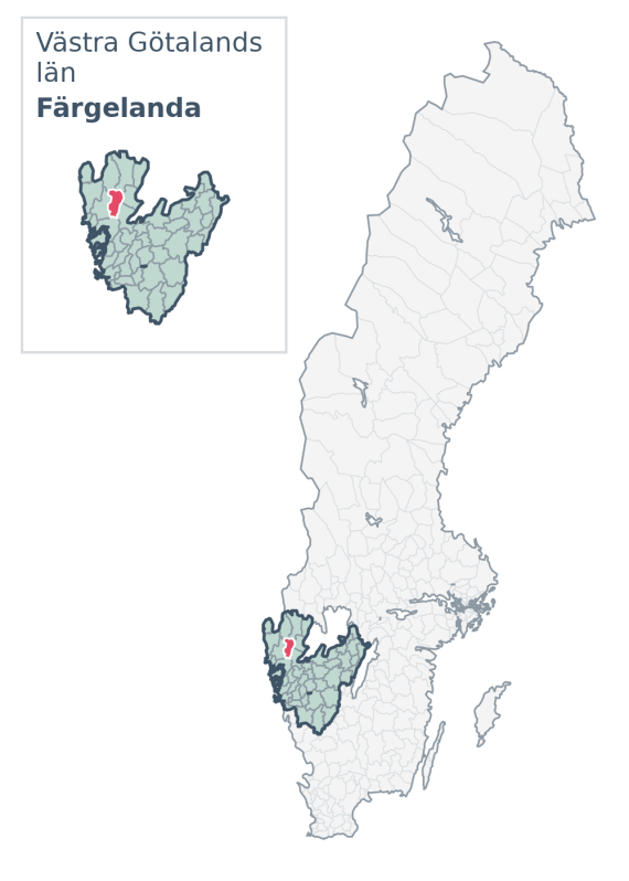 Översiktskarta över Färgelanda kommun i Västra Götalands län, med kommunens läge i Sverige.
