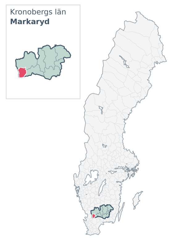 Översiktskarta över Markaryd kommun i Kronobergs län, med kommunens läge i Sverige.