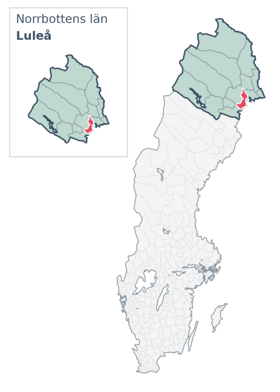Översiktskarta över Luleå kommun i Norrbottens län, med kommunens läge i Sverige.