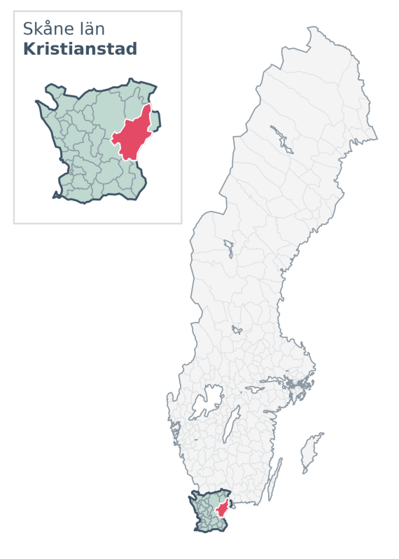 Översiktskarta över Kristianstad kommun i Skåne län, med kommunens läge i Sverige.