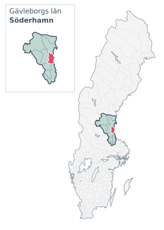 Översiktskarta över Söderhamn kommun i Gävleborgs län, med kommunens läge i Sverige.