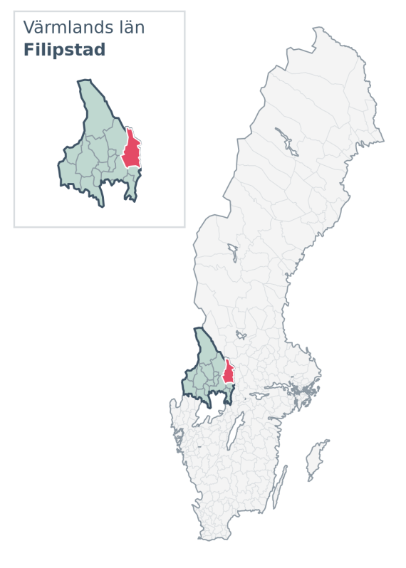 Översiktskarta över Filipstad kommun i Värmlands län, med kommunens läge i Sverige.