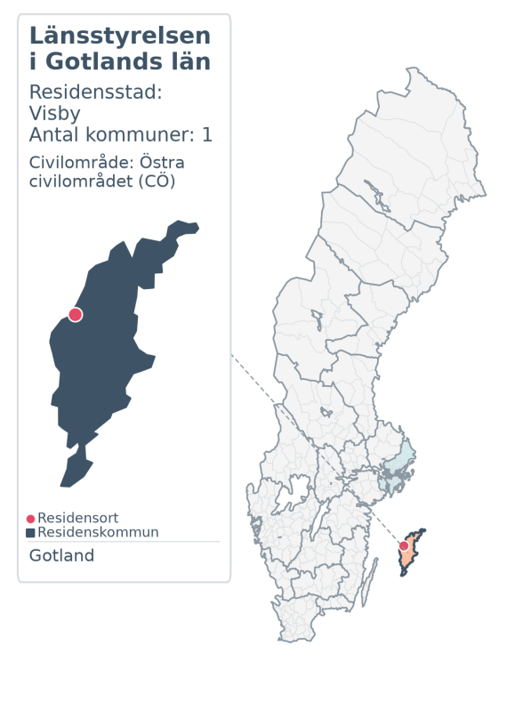 Översiktskarta över Länsstyrelsen i Gotlands län. Länet är markerat i Sverige och inom sitt civilområde.
