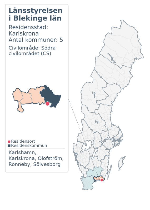 Översiktskarta över Länsstyrelsen i Blekinge län. Länet är markerat i Sverige och inom sitt civilområde.