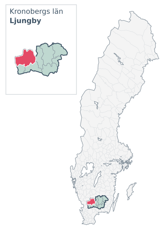 Översiktskarta över Ljungby kommun i Kronobergs län, med kommunens läge i Sverige.