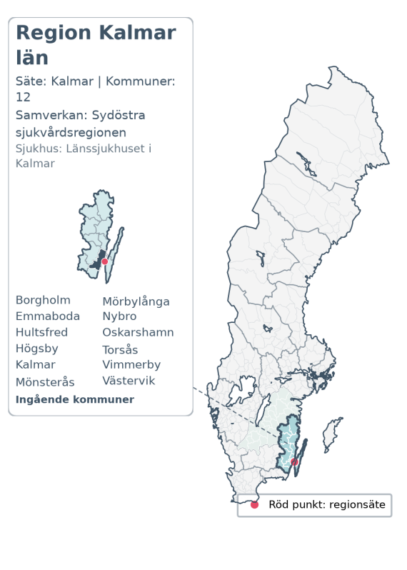 Översiktskarta över Region Kalmar län. Regionen är markerad i Sverige.