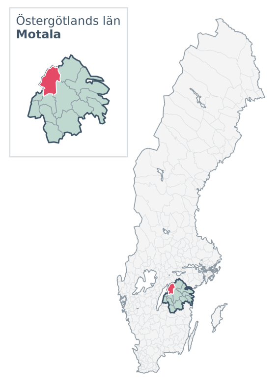 Översiktskarta över Motala kommun i Östergötlands län, med kommunens läge i Sverige.